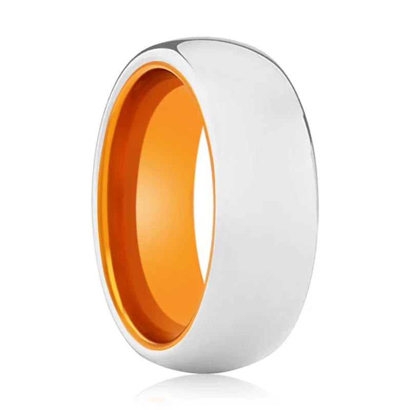 gold wedding bands for women-AUTUMNAL | Orange Ring, Silver Tungsten Ring, Shiny, Domed