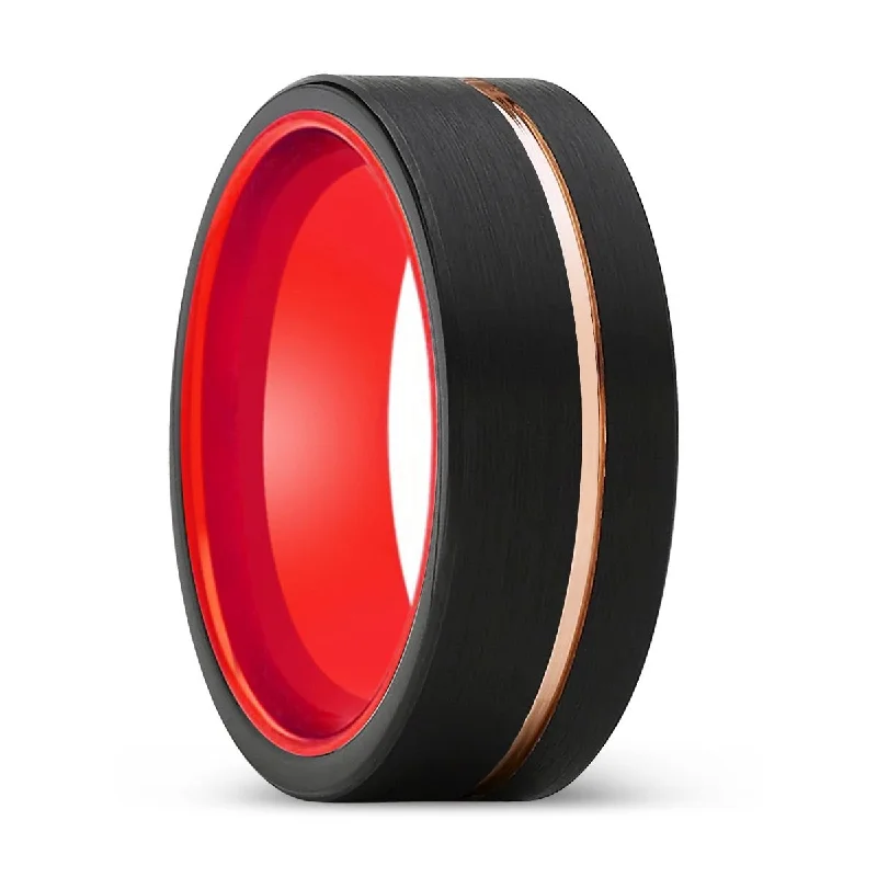 wedding bands with gemstones-VELVET | Red Ring, Black Tungsten Ring, Rose Gold Offset Groove, Brushed, Flat