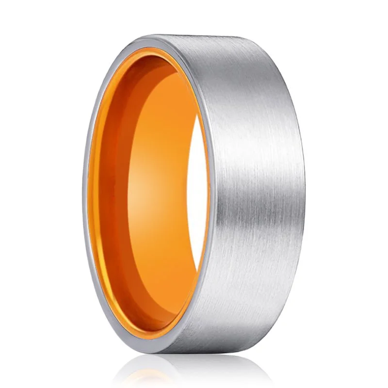 gemstone rings for women-NUTMEG | Orange Ring, Silver Tungsten Ring, Brushed, Flat