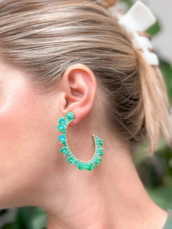 trendy earrings for women-Flower Fringe Hoop Earrings - Green