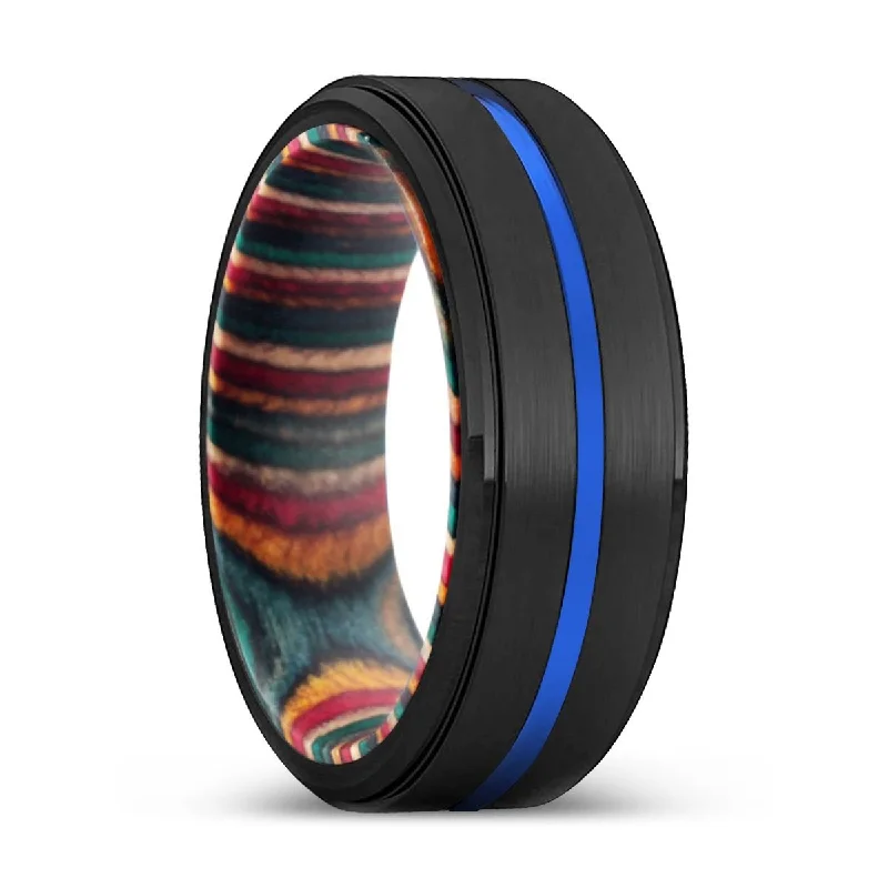 statement gemstone rings for women-JIMMY | Multi Color Wood, Black Tungsten Ring, Blue Groove, Stepped Edge