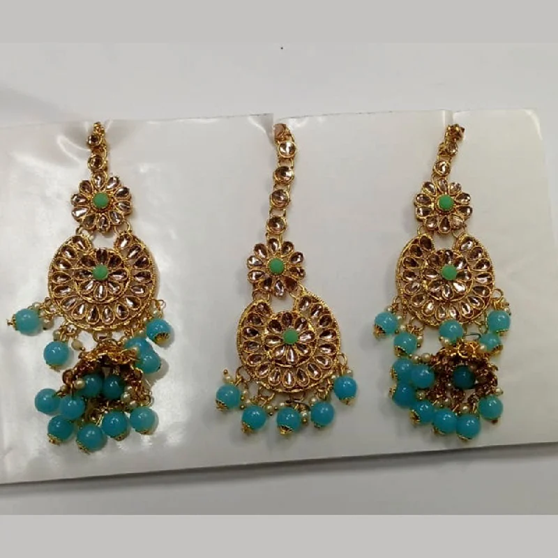 custom earrings for women-Kumavat Jewels Kundan Stone & Beads Dangler Earrings With Maang Tikka