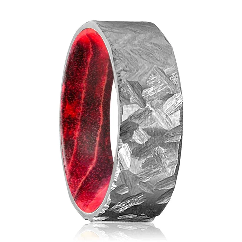 silver-plated rings for women-LIGON | Black & Red Wood, Silver Titanium Ring, Hammered, Flat