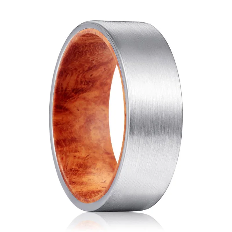 gold-plated rings for women-KAPILA | Red Burl Wood, Silver Tungsten Ring, Brushed, Flat