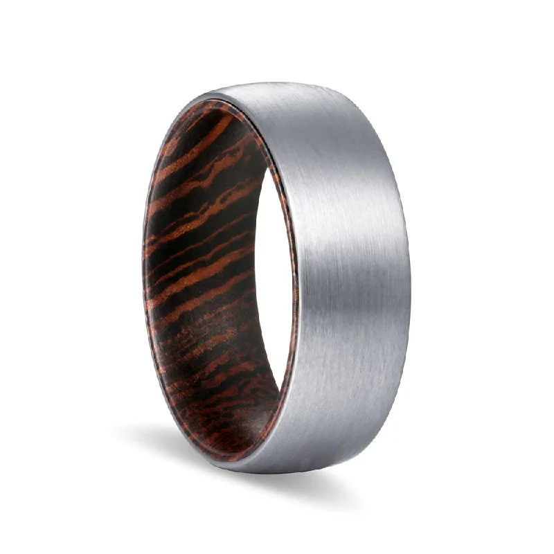 heart-shaped rings for women-SEED | Wenge Wood, Silver Tungsten Ring, Brushed, Domed