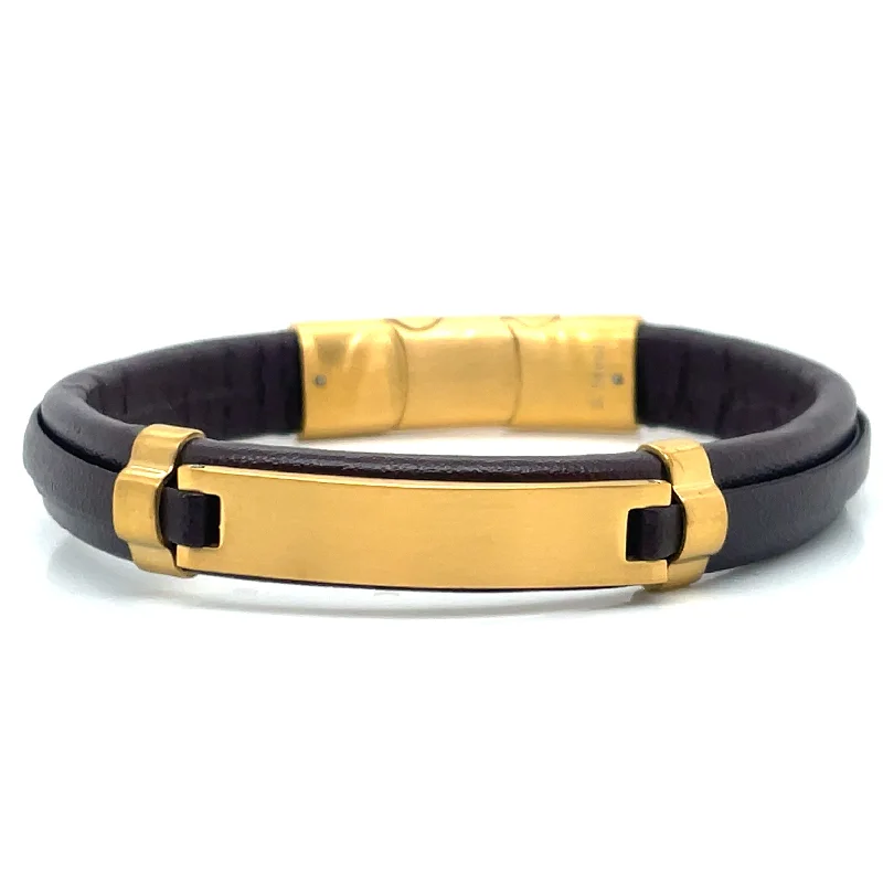 multi-colored bangles for women-Gents Brown Leather And Gold Matte ID Bracelet With Magnetic Catch