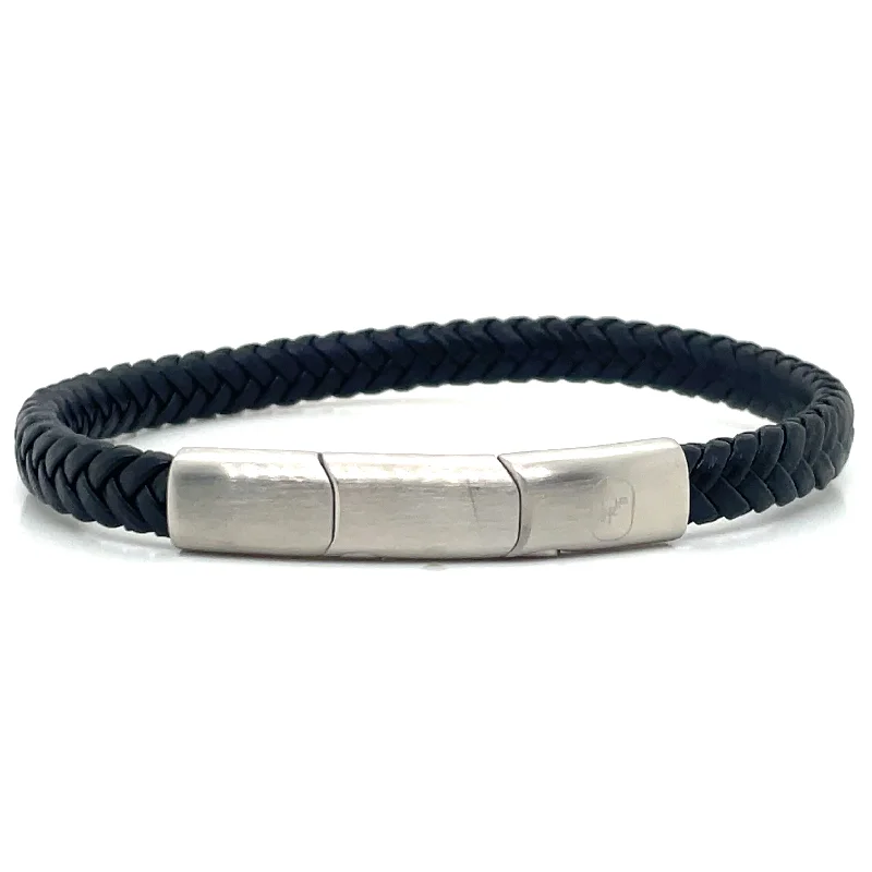 stackable bangles for women-Gents Black Leather And Stainless Steel Bracelet