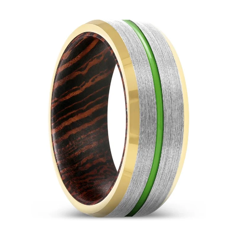 signet rings for women-SAVANT | Wenge Wood, Silver Tungsten Ring, Green Groove, Gold Beveled Edge