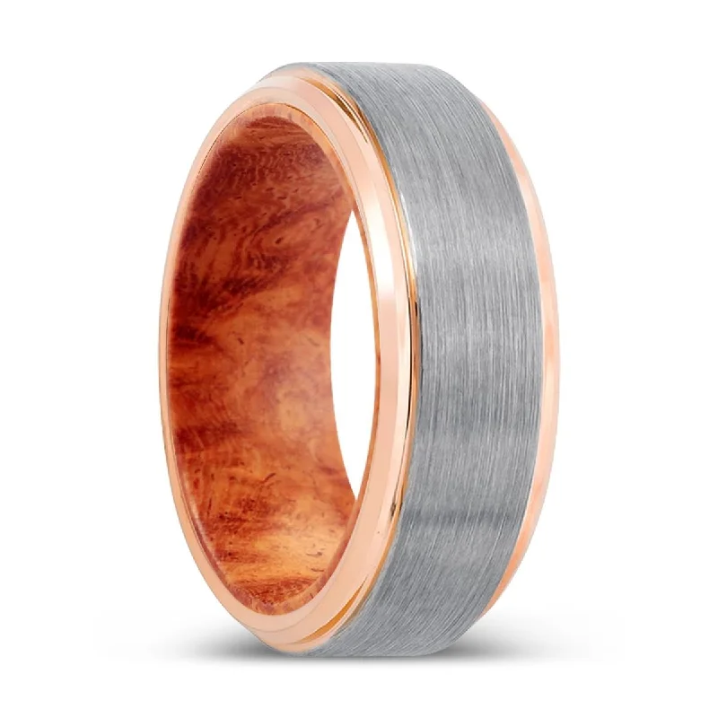 intricate rings for women-ZYN | Red Burl Wood, Silver Tungsten Ring, Brushed, Rose Gold Stepped Edge