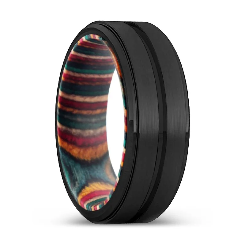 eternity rings for women-LIVINGSTON | Multi Color Box Wood, Black Tungsten Ring, Grooved, Stepped Edge