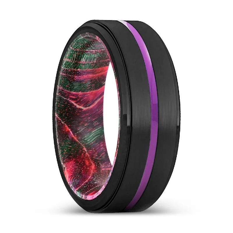 band rings for women-GLADSTON | Green & Red Wood, Black Tungsten Ring, Purple Groove, Stepped Edge