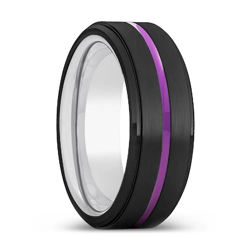 luxury wedding rings for women-BUNBURY | Silver Ring, Black Tungsten Ring, Purple Groove, Stepped Edge