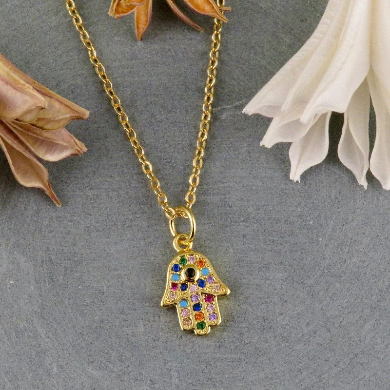 beaded pendant necklaces for women-Colorful Gold Hamsa Necklace