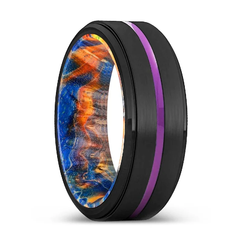 chic wedding bands for women-HERVEY | Blue & Yellow/Orange Wood, Black Tungsten Ring, Purple Groove, Stepped Edge