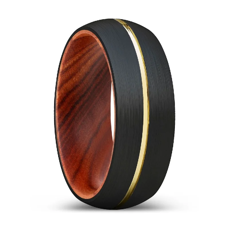 anniversary gemstone rings for women-BOULEM | IRON Wood, Black Tungsten Ring, Gold Groove, Domed