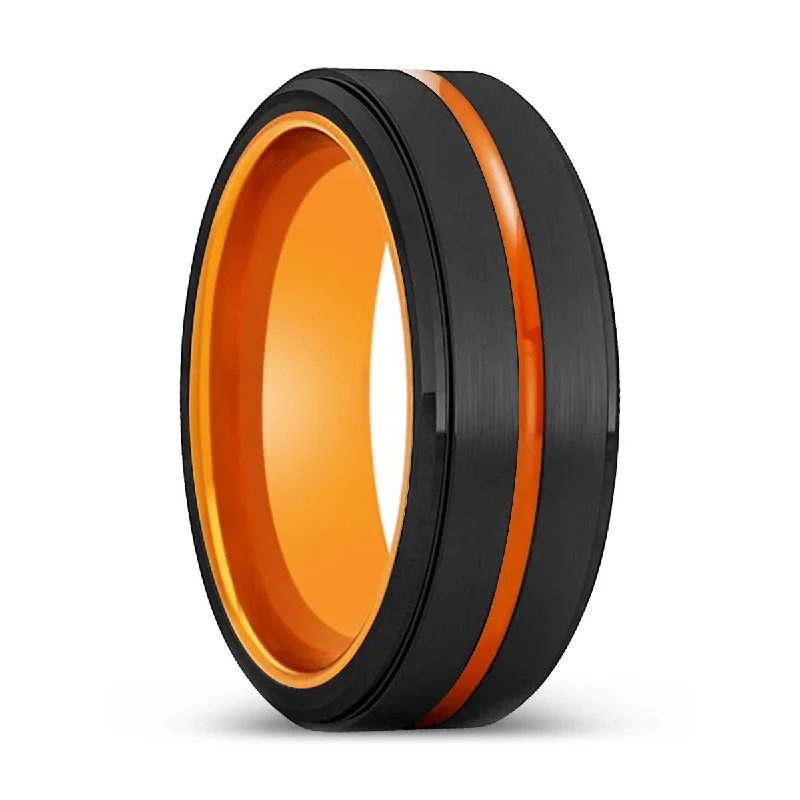 band rings for women-BAYAMON | Orange Ring, Black Tungsten Ring, Orange Groove, Stepped Edge