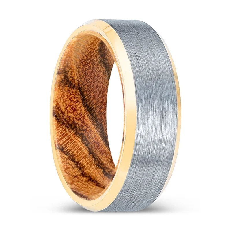 chic wedding bands for women-PINETOOTH | Bocote Wood, Brushed, Silver Tungsten Ring, Gold Beveled Edges