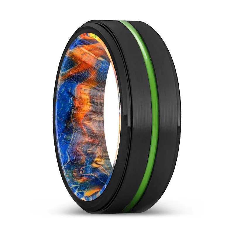 infinity rings for women-ROSEVILLE | Blue & Yellow/Orange Wood, Black Tungsten Ring, Green Groove, Stepped Edge