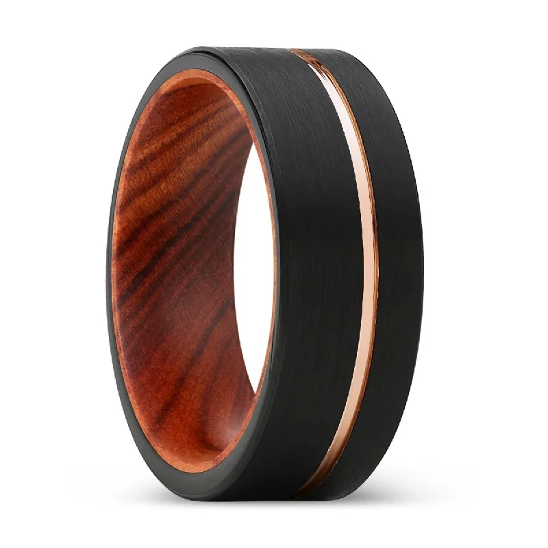 anniversary gemstone rings for women-TORPEDO | IRON Wood, Black Tungsten Ring, Rose Gold Offset Groove, Brushed, Flat