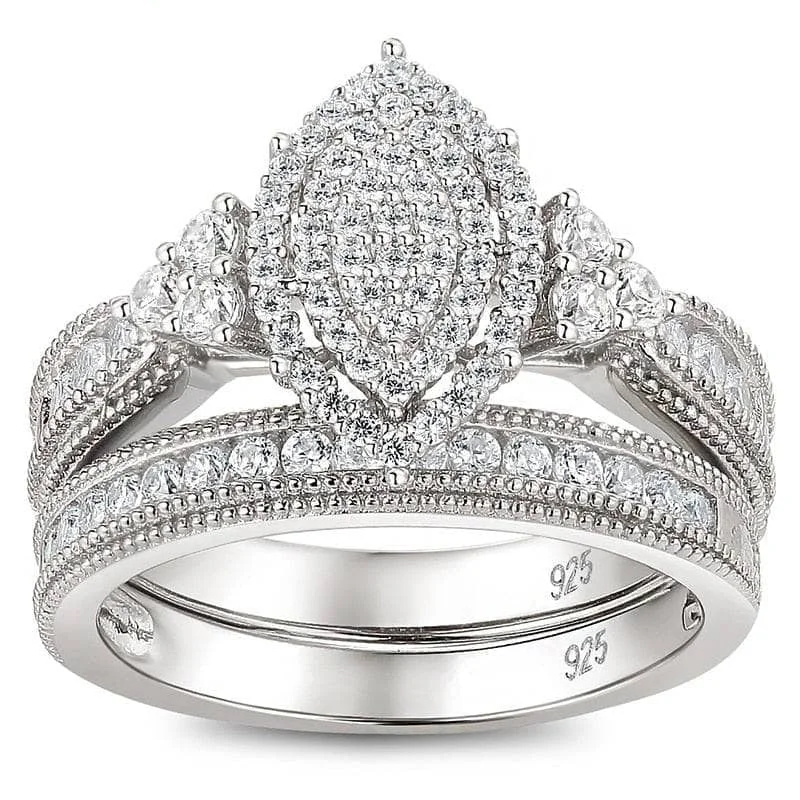 radiant cut engagement rings-Halo Created Diamond Marquise Cluster Vintage Engagement Ring Set