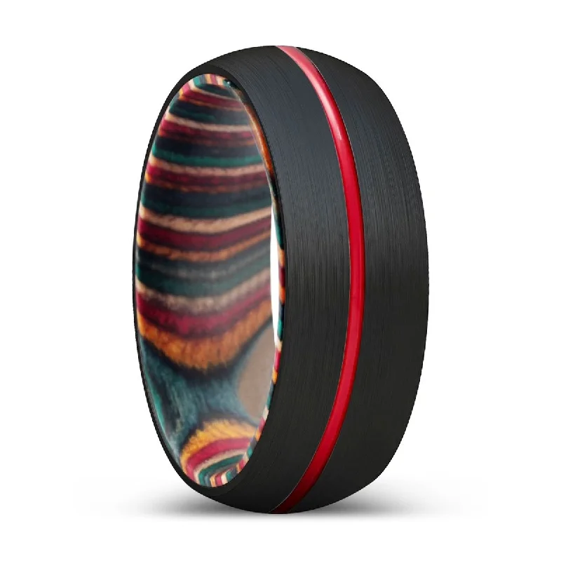 pearl rings for women-SKITTLE | Multi Color Wood, Black Tungsten Ring, Red Groove, Domed