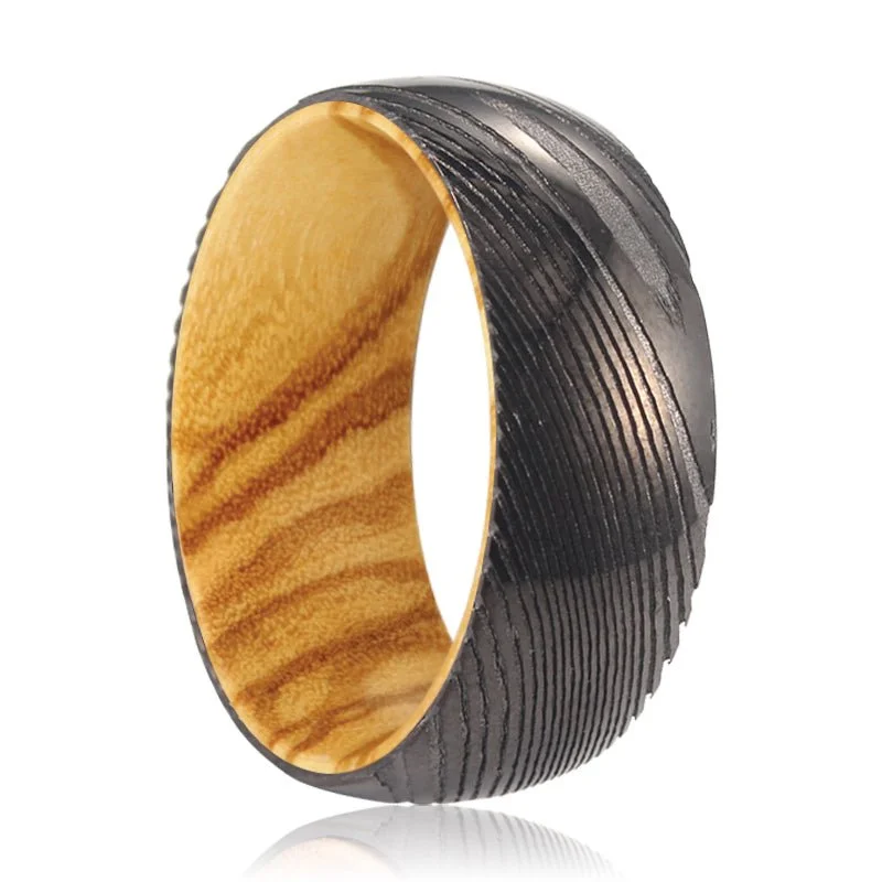 stackable rings for women-FOXTAIL | Olive Wood, Gunmetal Damascus Steel Ring, Domed