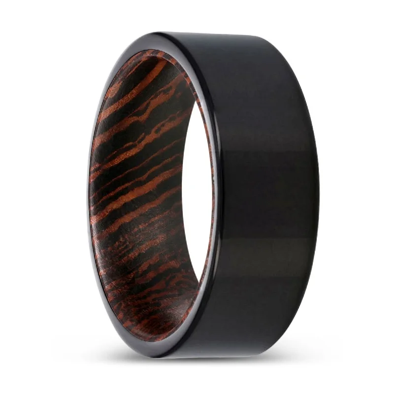 heart rings for women-MANOLIS | Wenge Wood, Black Tungsten Ring, Shiny, Flat