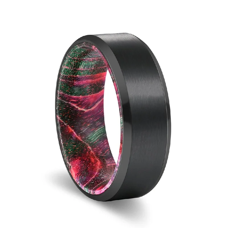 cute rings for women-DONALDSON | Green and Red Wood, Black Tungsten Ring, Brushed, Beveled