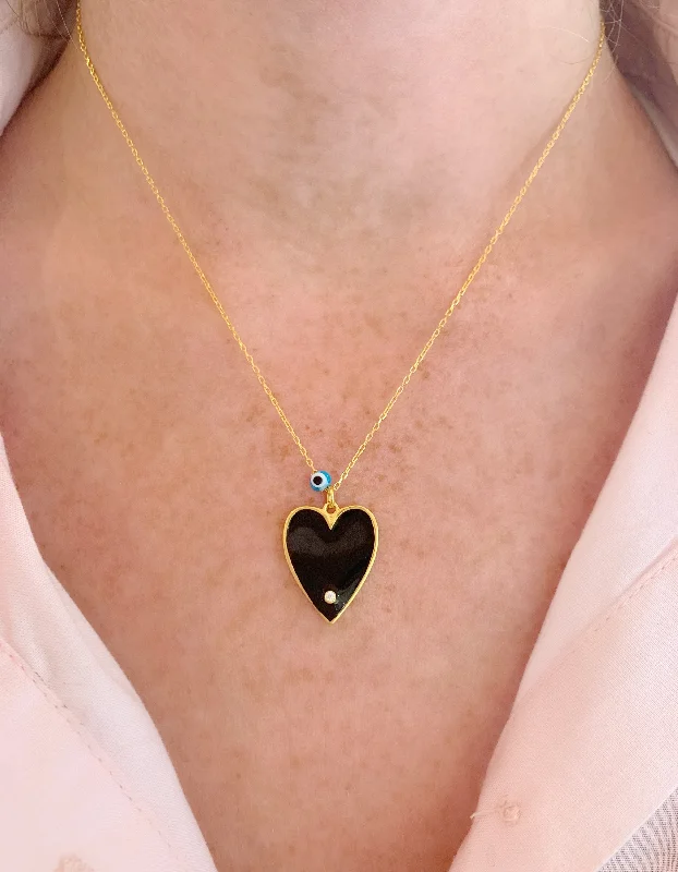 wedding necklaces for women-Black Big Enamel Heart Necklace