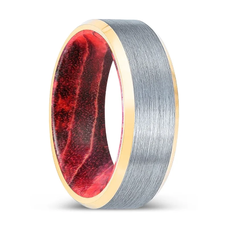 gold diamond rings for women-MANDO | Black & Red Wood, Brushed, Silver Tungsten Ring, Gold Beveled Edges