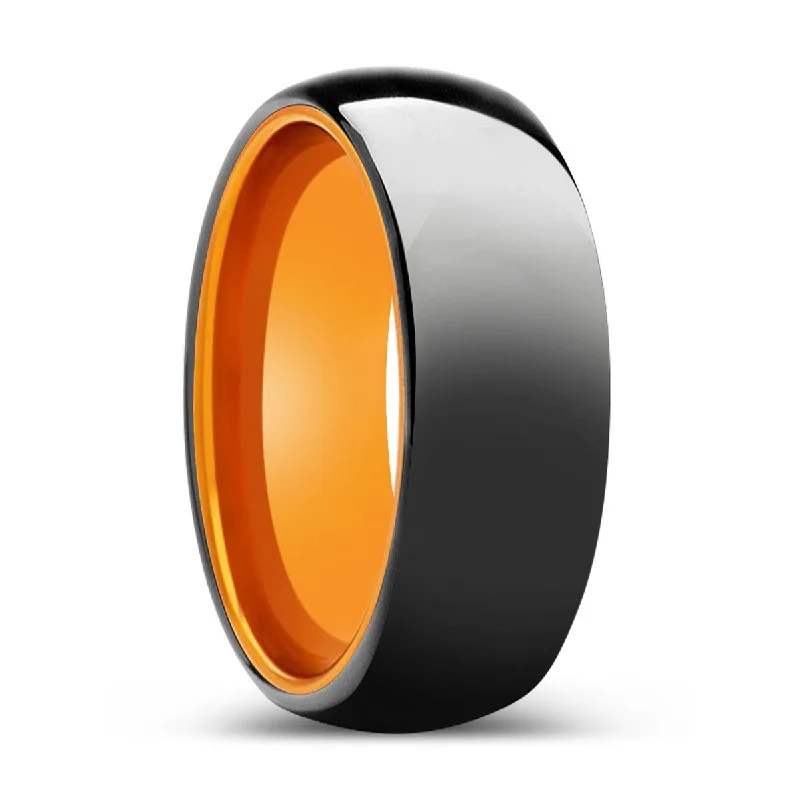 minimalist rings for women-LYKAN | Orange Ring, Black Tungsten Ring, Shiny, Domed