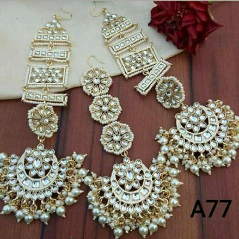 diamond chandelier earrings for women-Sai Fashion Gold Plated Kundan And Pearl Designer Dangler Earrings With Maang Tikka