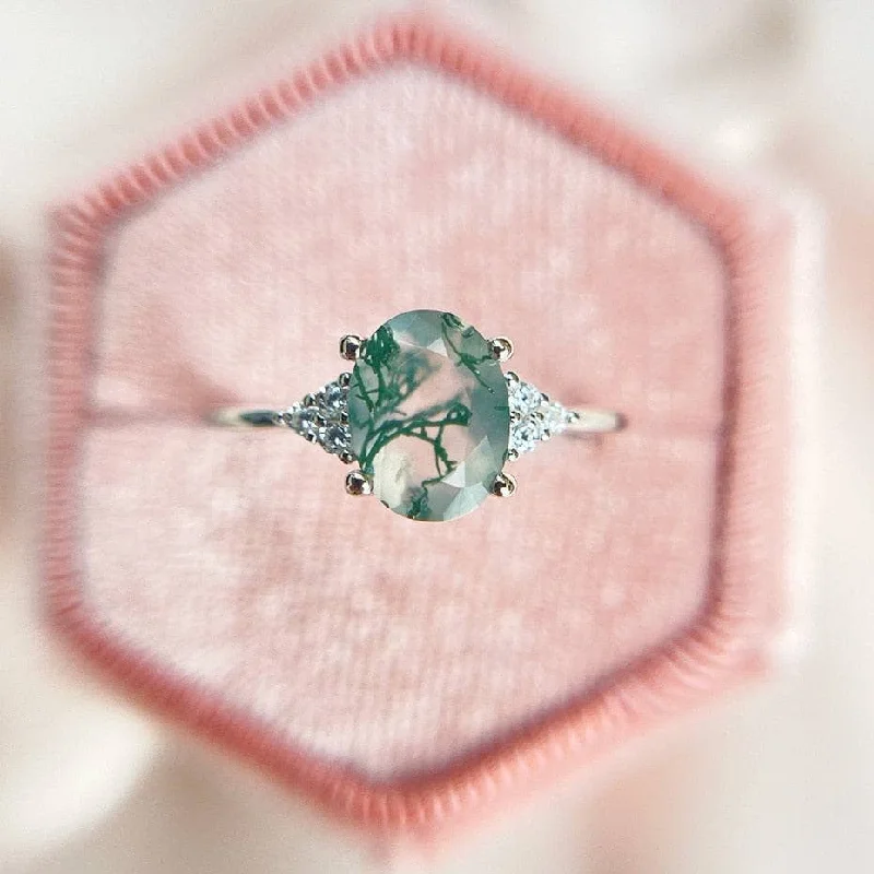 engagement rings for brides-Oval Cut Natural Moss Agate Engagement Ring