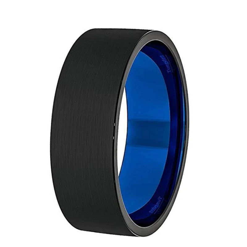 sapphire rings for women-Men's Pipe-cut Black Tungsten Wedding Ring With Brushed Finish & Blue Inside - 8 mm