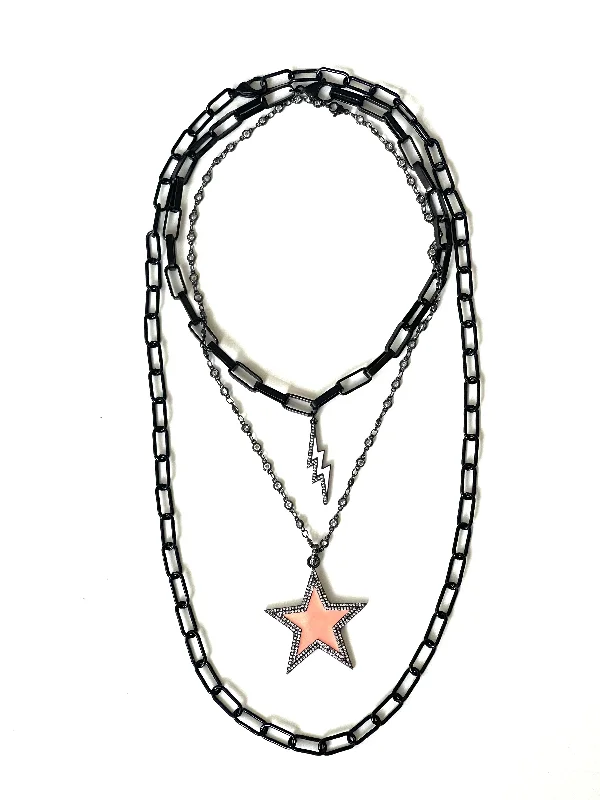 wedding chain necklaces for women-Black Plated Zirconia Star Layering Necklace