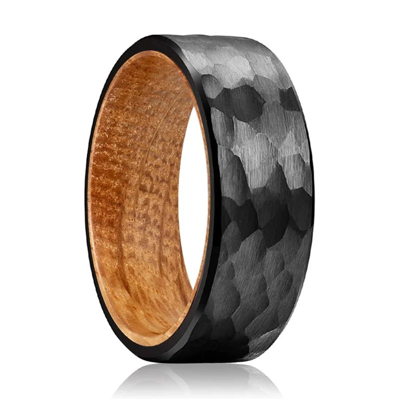 wedding rings with diamonds-GLAMIS | Whiskey Barrel Wood, Black Tungsten Ring, Hammered, Flat