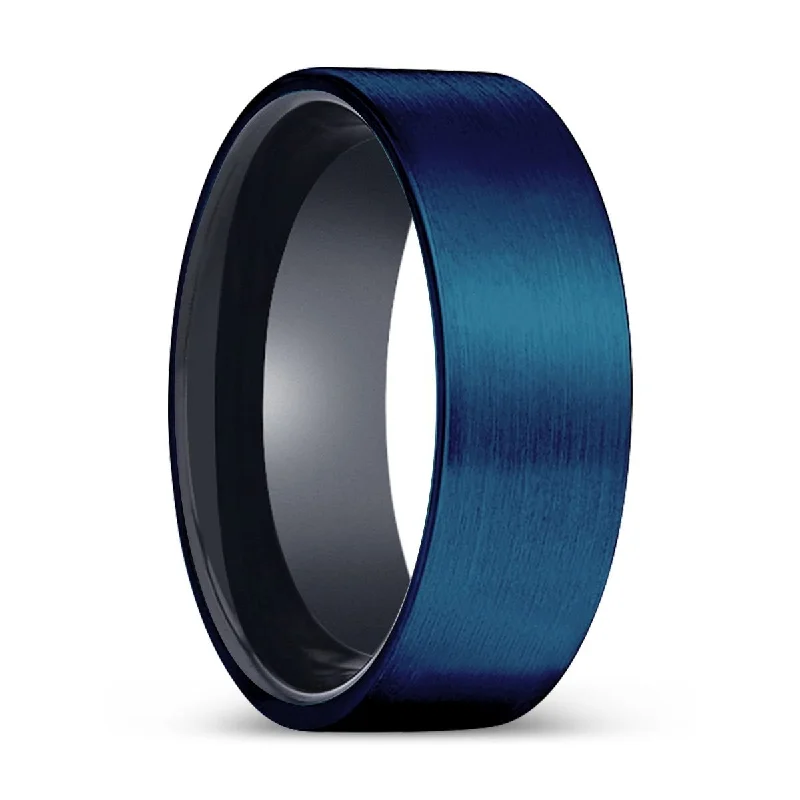 colorful rings for women-EMPEROR | Black Ring, Blue Tungsten Ring, Brushed, Flat