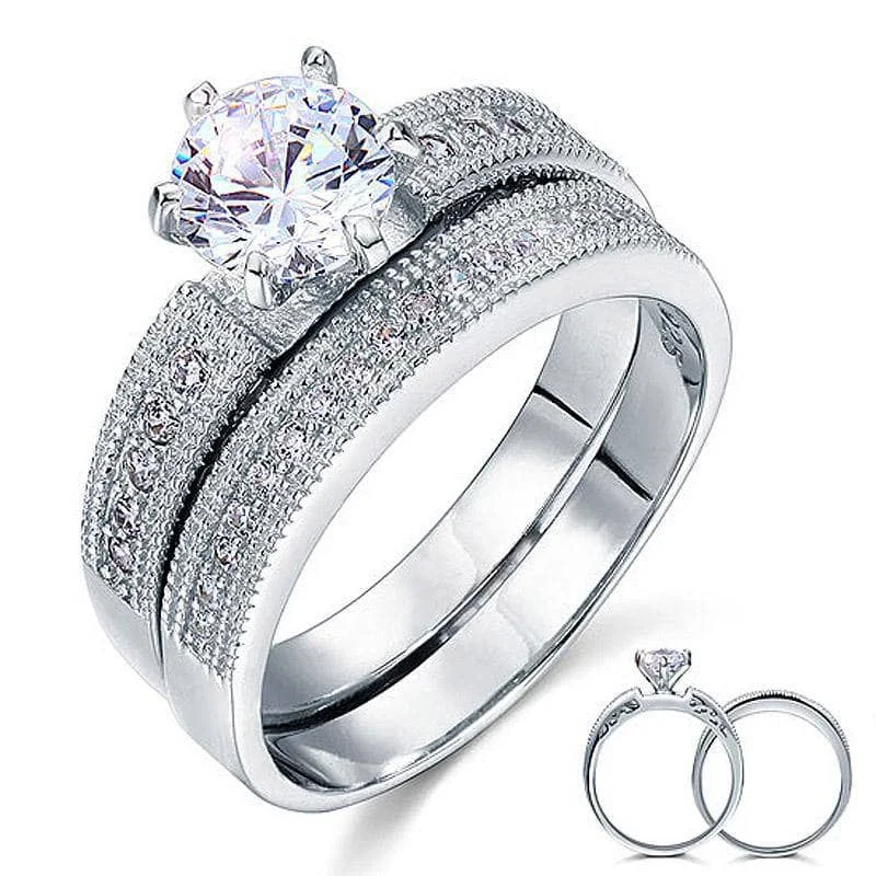 high-end engagement rings-Vintage Style 1.25 Solitaire Created Diamond 2-Pc Bridal Wedding Engagement Ring Set