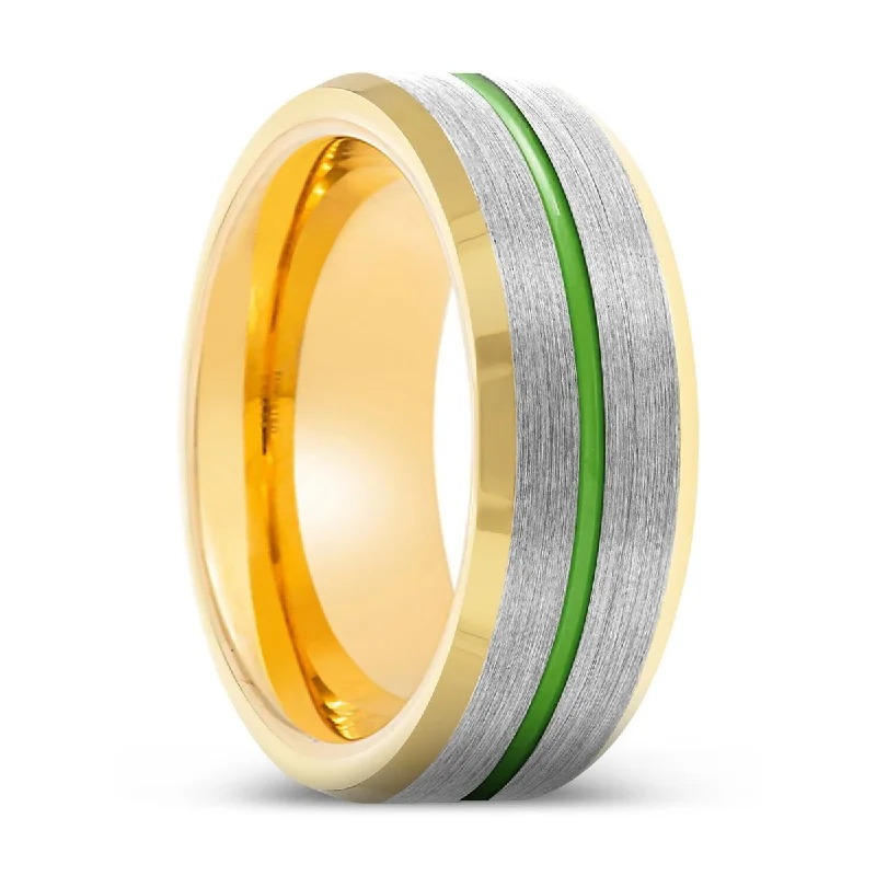 cocktail rings for women-ORACLE | Gold Ring, Silver Tungsten Ring, Green Groove, Gold Beveled Edge