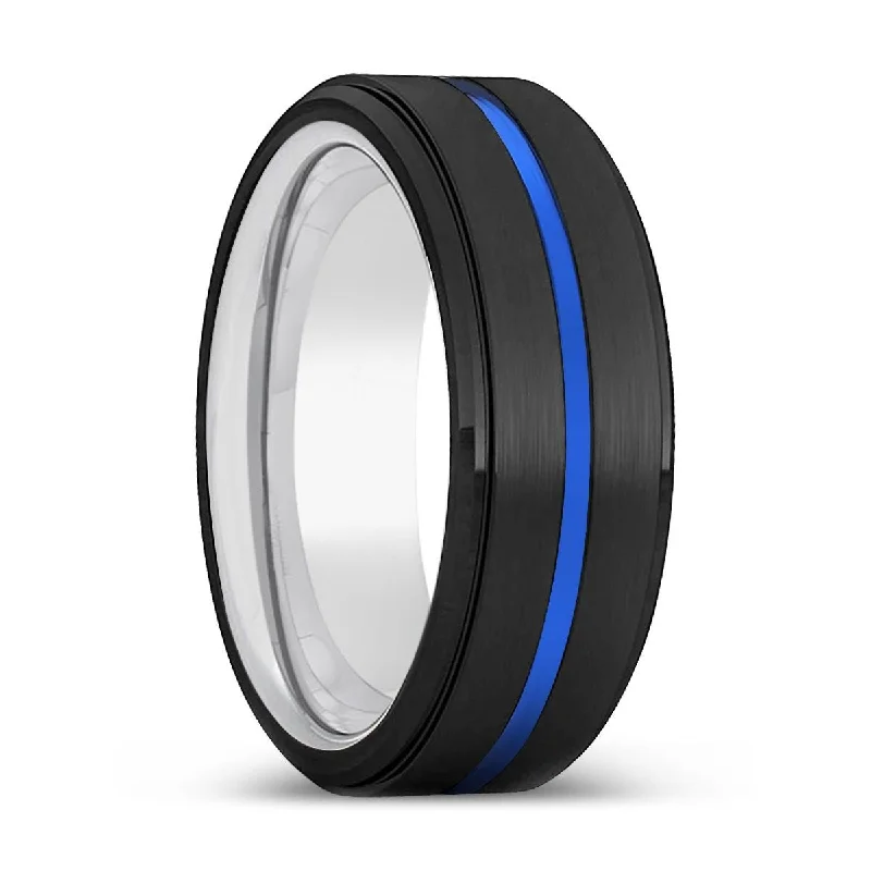 gold wedding bands for women-YOSHII | Silver Ring, Black Tungsten Ring, Blue Groove, Stepped Edge