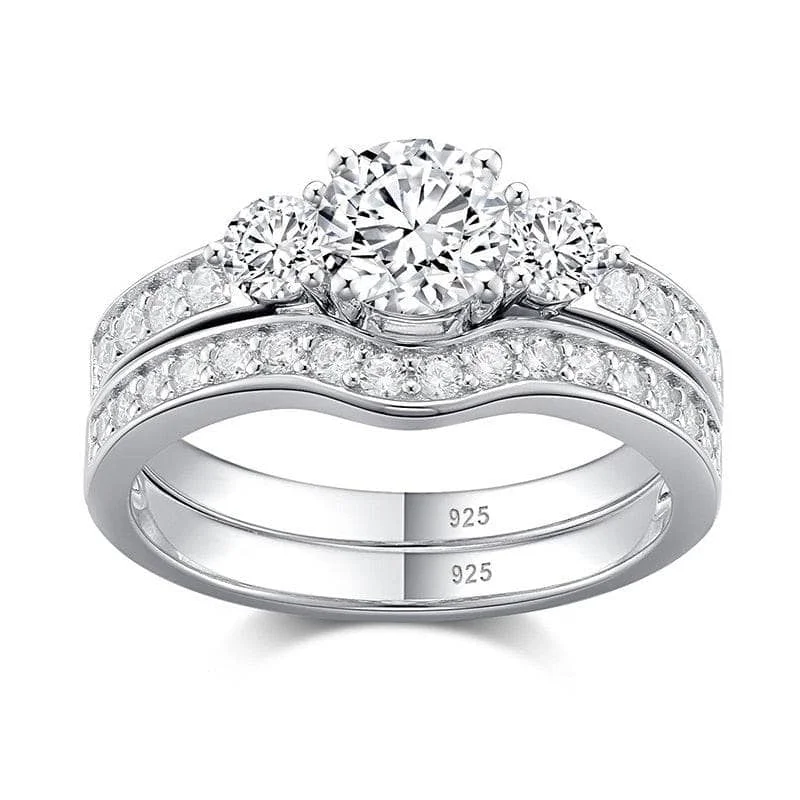 solitaire engagement rings for brides-2pcs 3 Stone Round Cut Created Diamond Wedding Ring Set