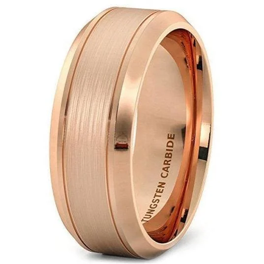 handcrafted wedding rings for women-Classic Rose Gold Inlaid Tungsten Wedding Band With Brushed Center - 8mm