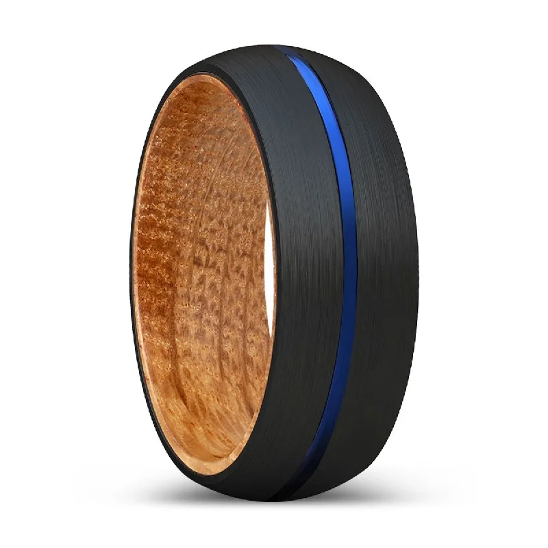 engagement rings for women-SIGGIE | Whiskey Barrel Wood, Black Tungsten Ring, Blue Groove, Domed