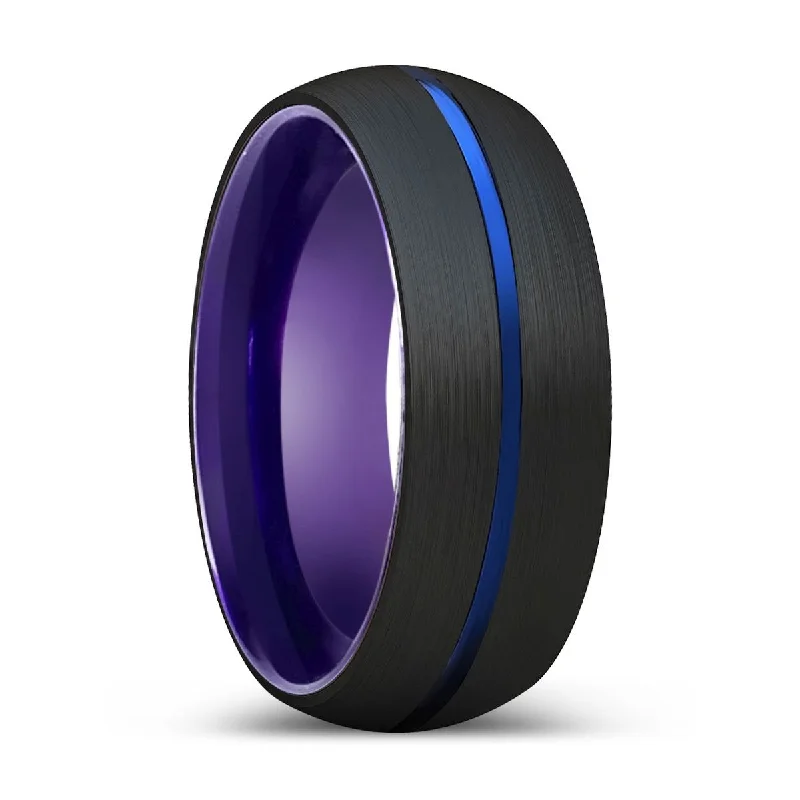 statement gemstone rings for women-ERALDO | Purple Ring, Black Tungsten Ring, Blue Groove, Domed