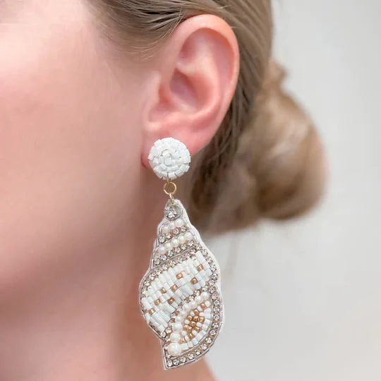 crystal earrings for women-Beaded Rhinestone Shell Dangle Earrings - White