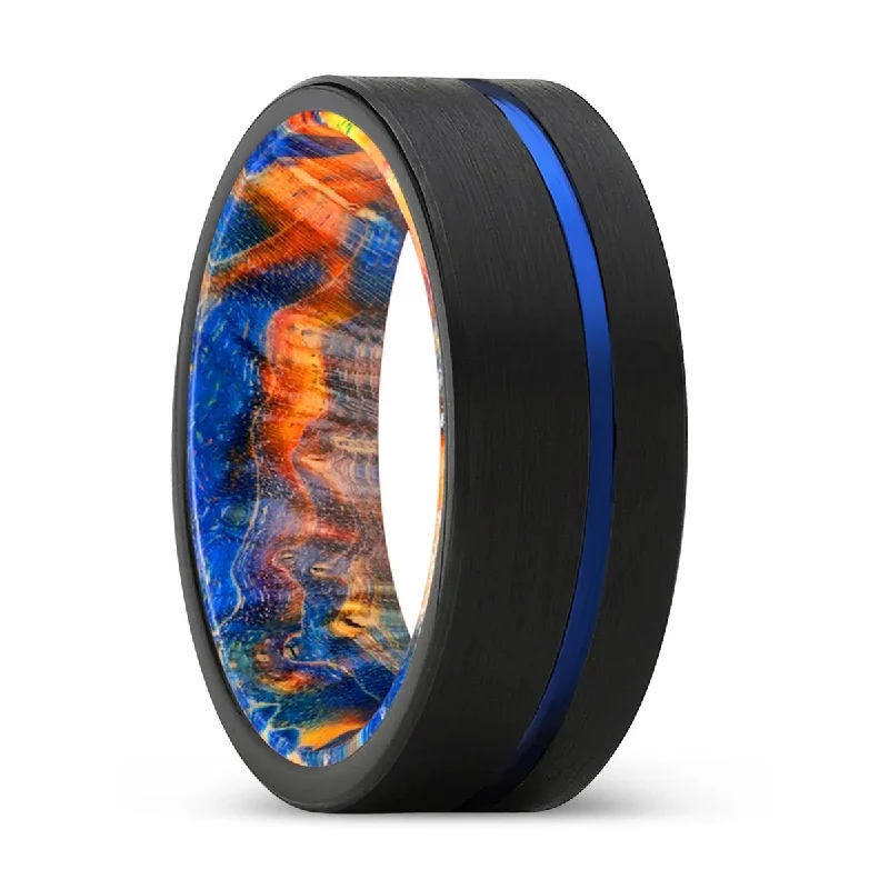 vintage rings for women-CHAKRA | Blue & Yellow/Orange Wood, Black Tungsten Ring, Blue Offset Groove, Flat