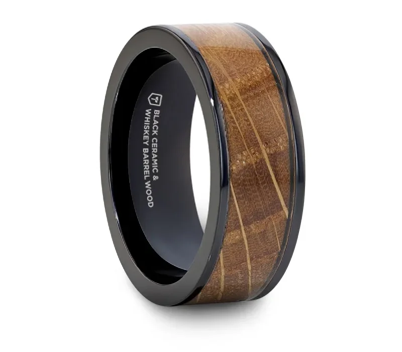 designer wedding rings for women-Black Ceramic Ring with Whiskey Barrel Wood Inlay -  8mm