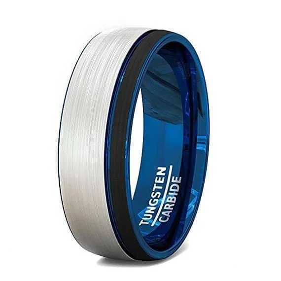 custom rings for women-Men's Beveled Tungsten Wedding Band With Brushed Center & Blue Inside - 8mm