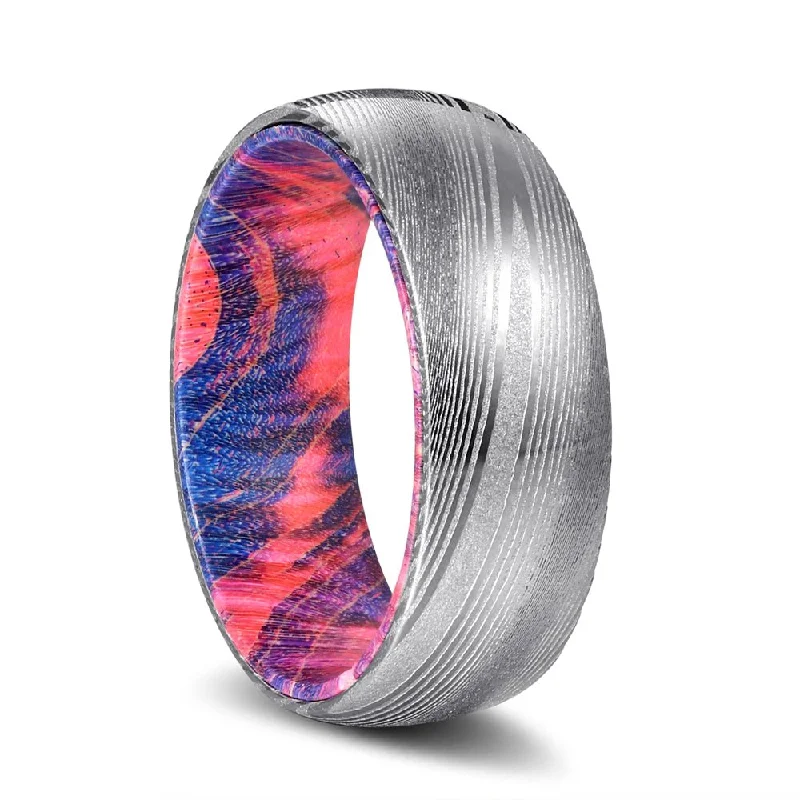 romantic rings for women-BLUEHAWK | Blue and Red Wood, Silver Damascus Steel, Domed