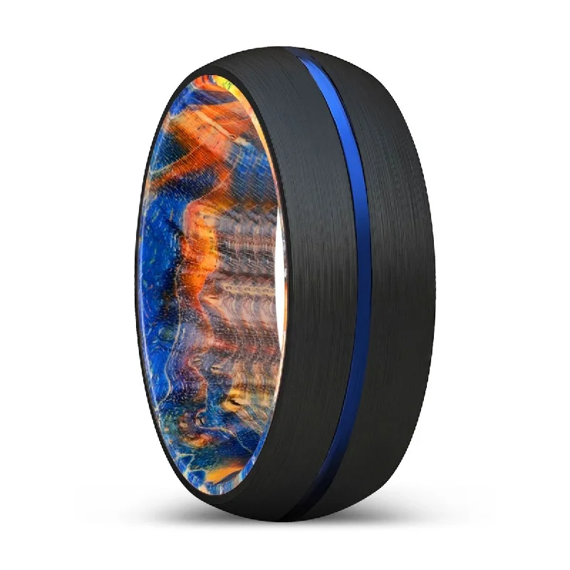 promise wedding rings for women-OSIAN | Blue & Yellow/Orange Wood, Black Tungsten Ring, Blue Groove, Domed